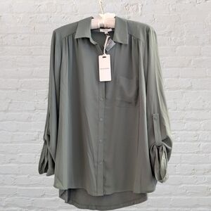 Pleione Mixed Media Roll Sleeve Top Blouse Olive Green Size XL NWT